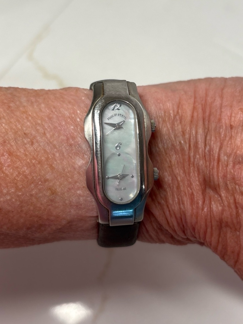 Philip Stein Women's Teslar Dual Time Zone Watch Pearl face. New Batteries.